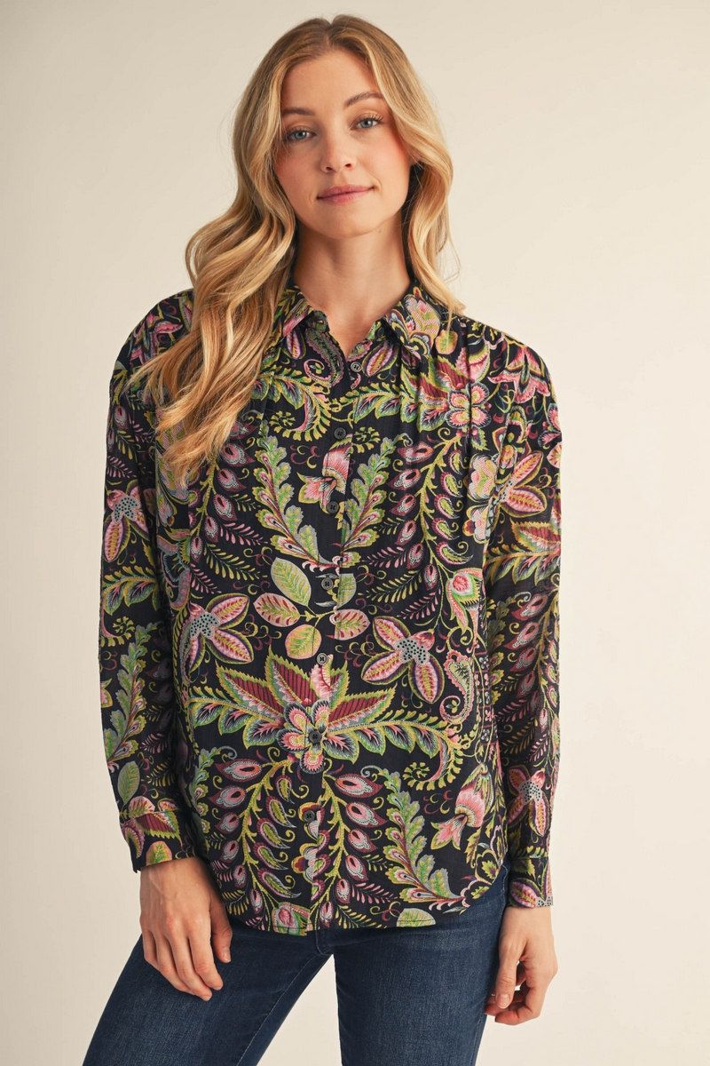 Lauren Long Sleeve Floral Multi Button Down Top - Black