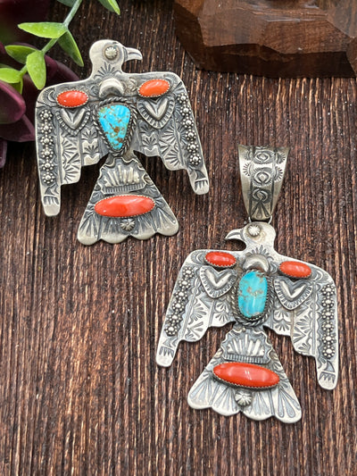 Dixon Turquoise & Coral Stamped Thunderbird Ring or Pendant