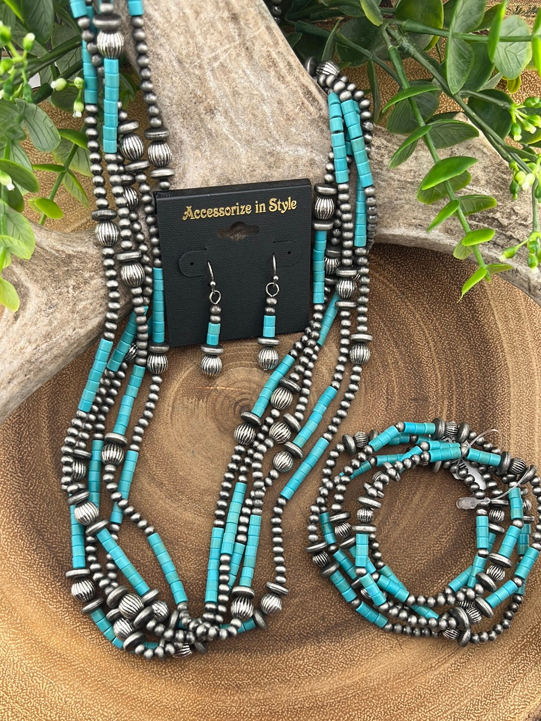Cassiope 5 Strand Fashion Beaded Varied Navajo Necklace, Earrings & Bracelet - Turquoise