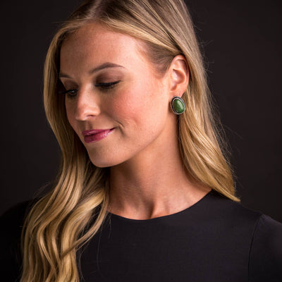 Green Post Earring with Silver Rope Border