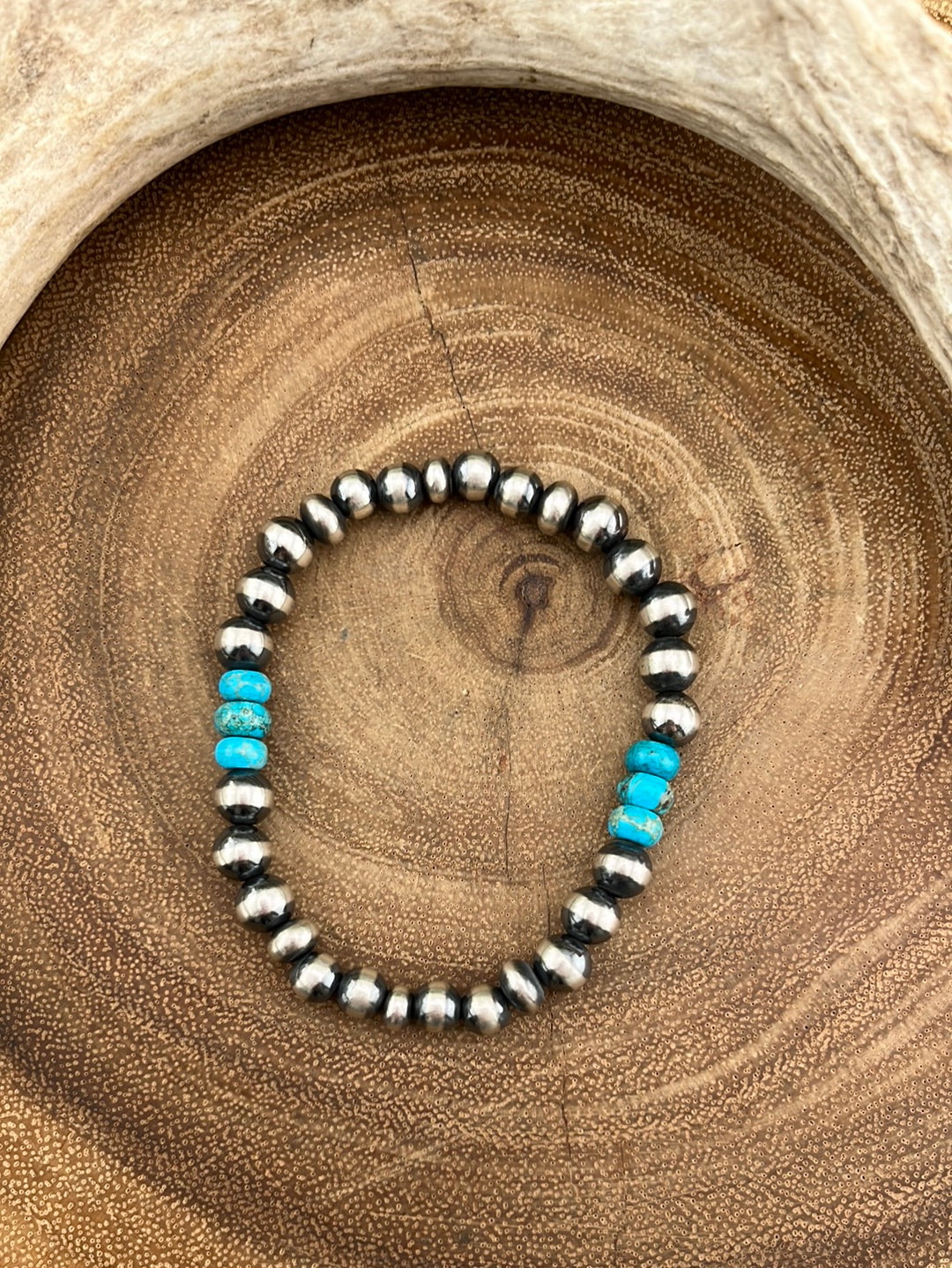 Stansbury 3 Bead Varied Sterling Navajo Stretch Bracelet