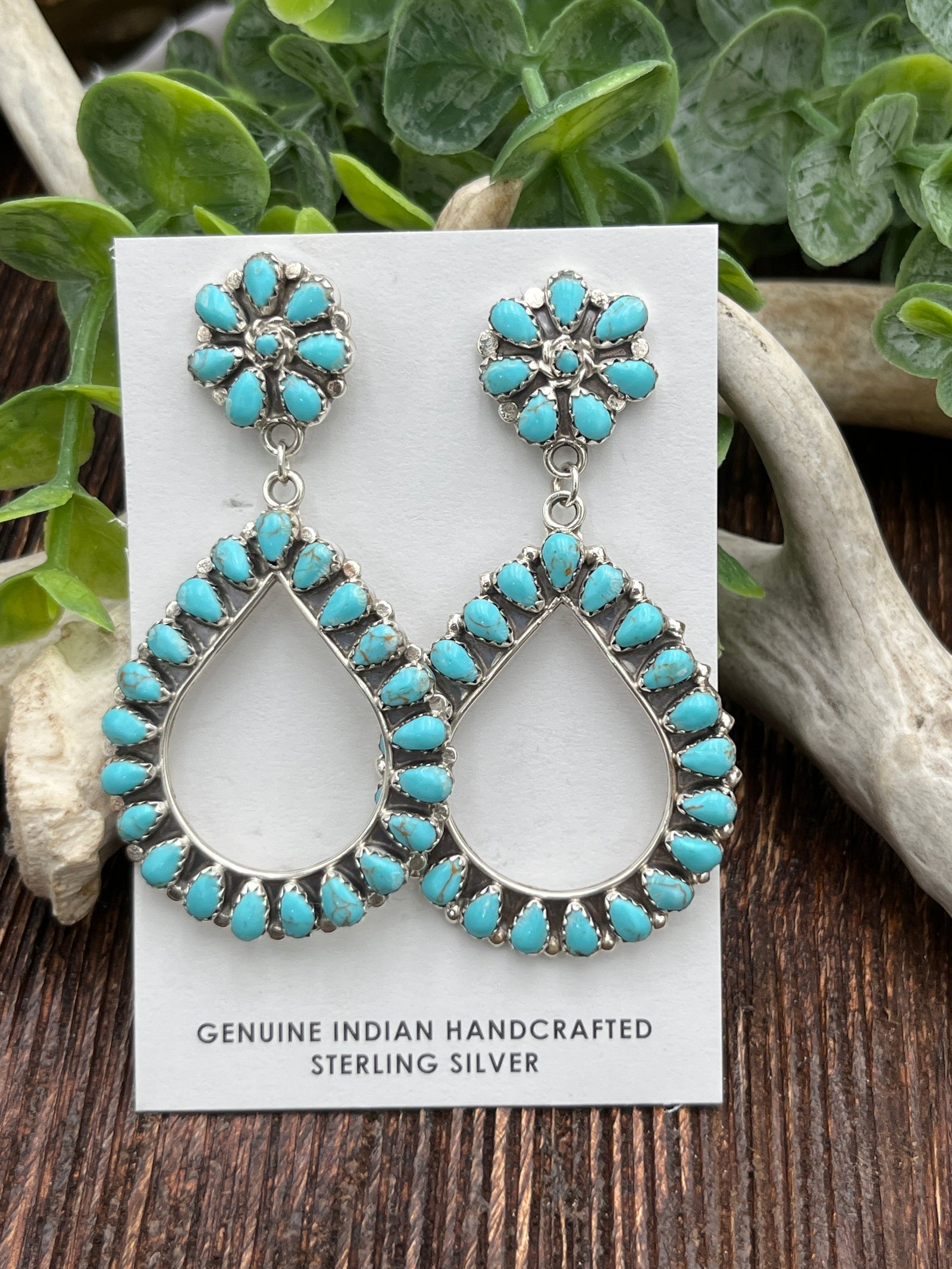 Venus Sterling Small Center Turquoise Flower Post Open Teardrop Earrings - 2.75"