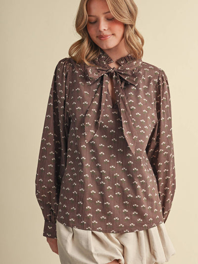 Floral Striped Bow Tying Blouse