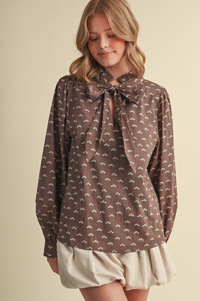 Floral Striped Bow Tying Blouse