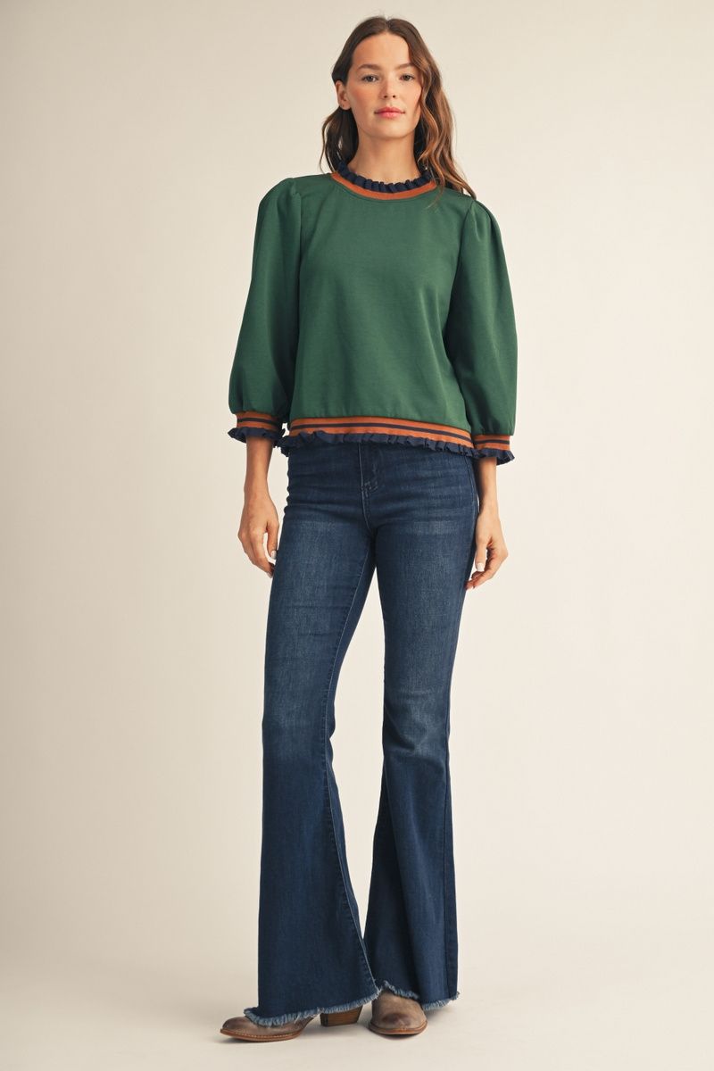 Rosa Lynn 3/4 Sleeve Top With Color Rib Band - Hunter Green