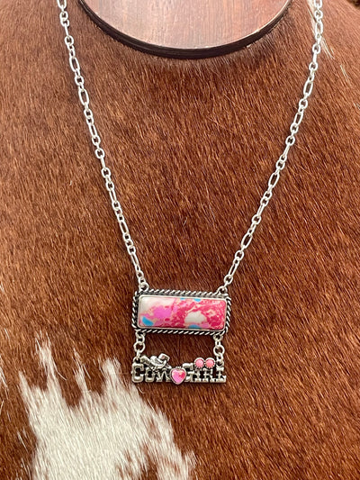 Cowgirl At Heart Fashion Bar Necklace With Western Drop - Pink