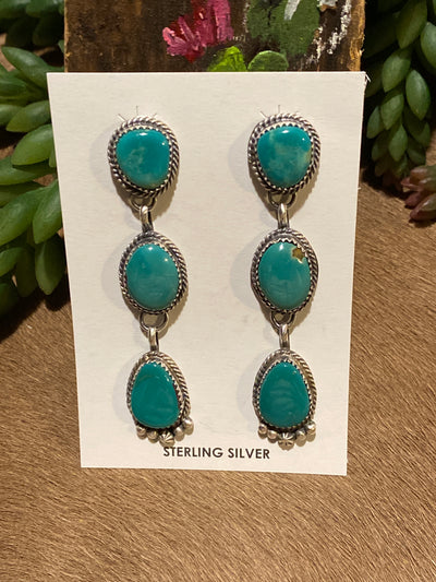 Bellaire Linked Triple Stone Turquoise Sterling Earrings - 2.75"