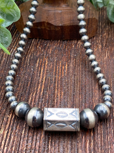 Sammy Varied Navajo Necklace With Stamped Hex Center Bead - 16"