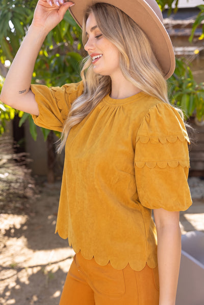 Scalloped Hemline Bubble Sleeve Solid Corduroy Top