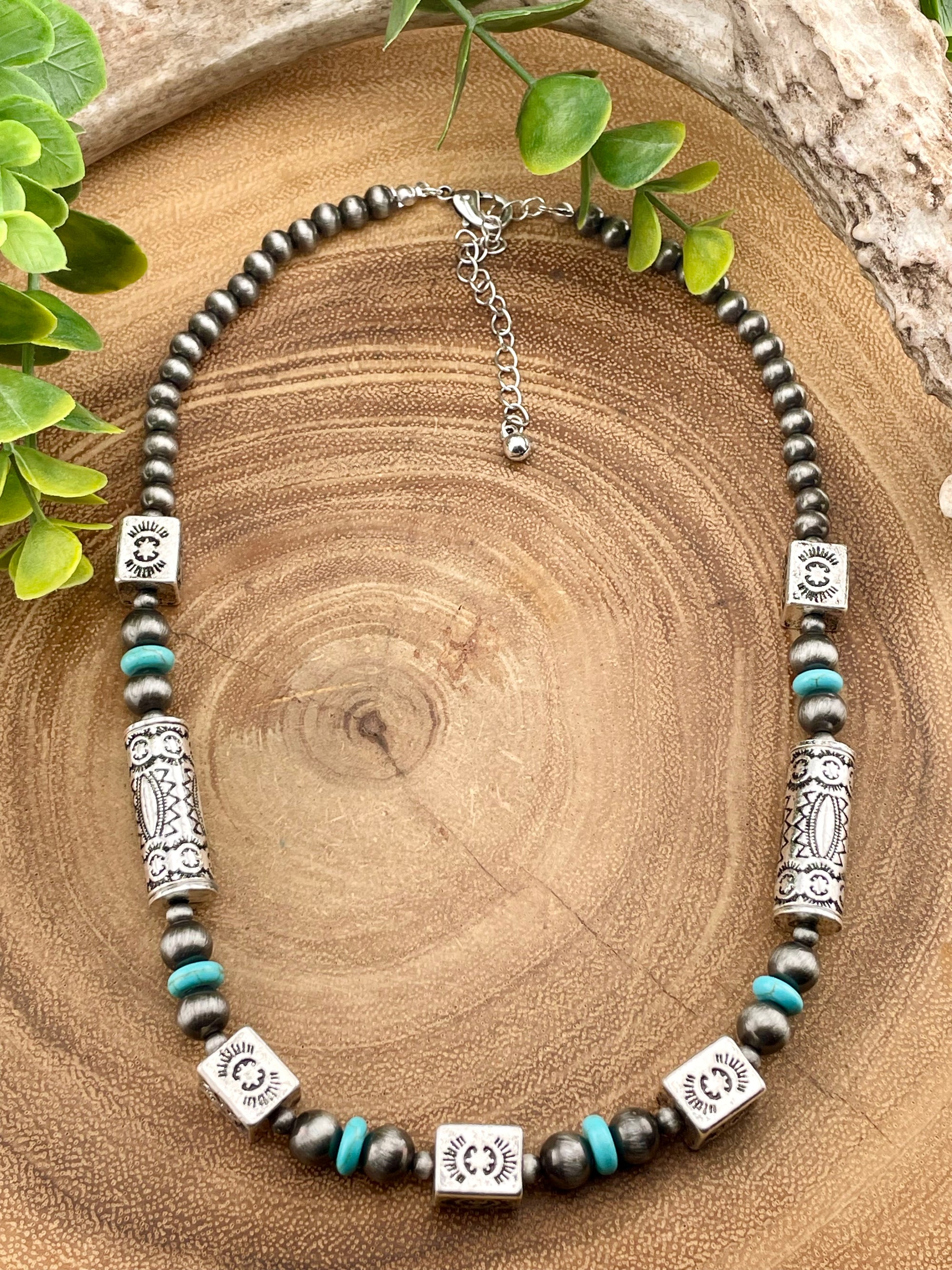 Panem Stamped Cube, Barrel Bead & Turquoise Necklace - 18"