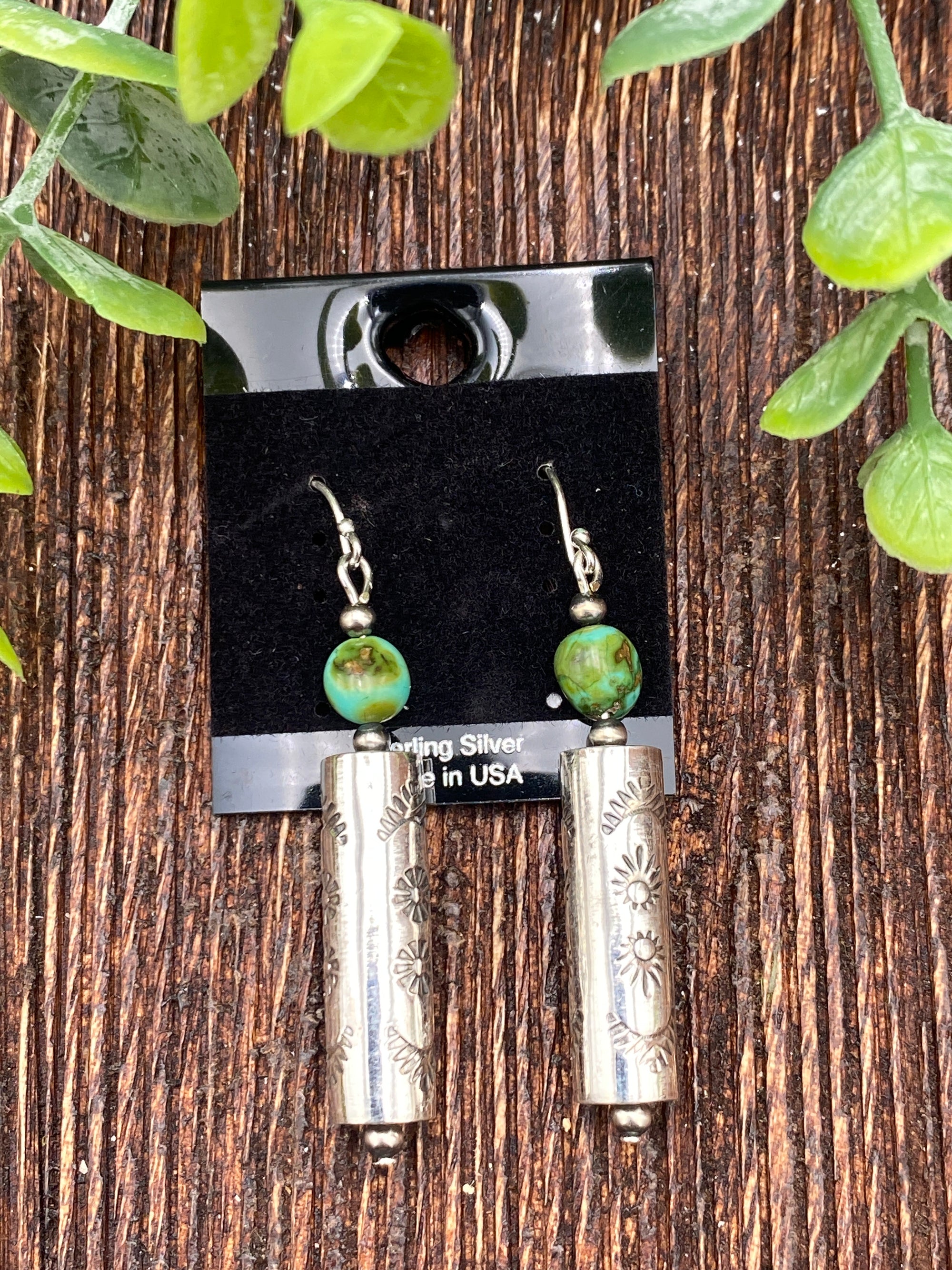 Gatlin Green Turquoise Topped Sterling Barrel Earrings
