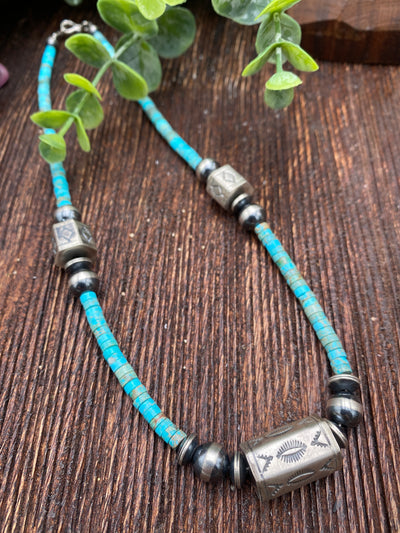 Rory Turquoise Heishi Necklace With Pearls, Saucers & Stamped Hex Beads - 18"