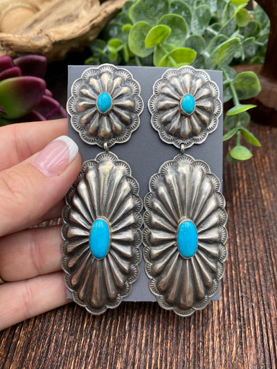 Abyss Sterling Long Double Concho Earrings - Turquoise