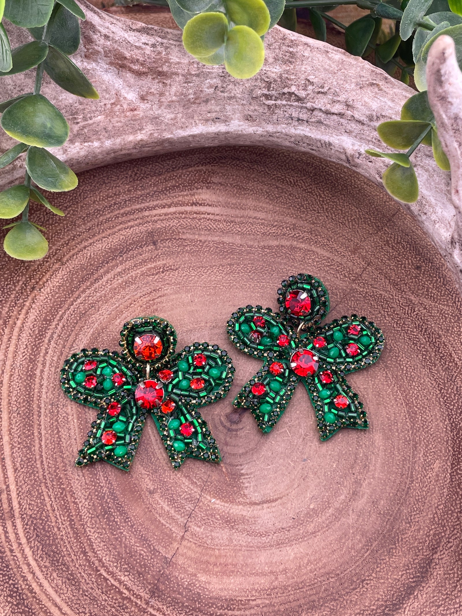 Red & Green Beaded Rhinestone Bow Earrings
