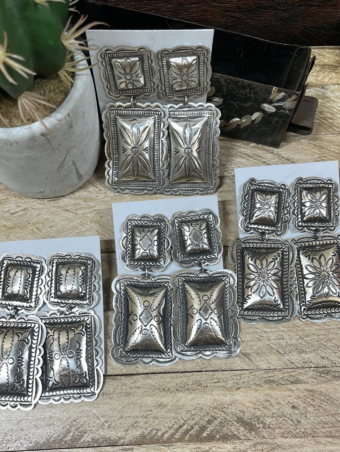 Deer Lodge Sterling Double Concho Square Earrings - 3.4"