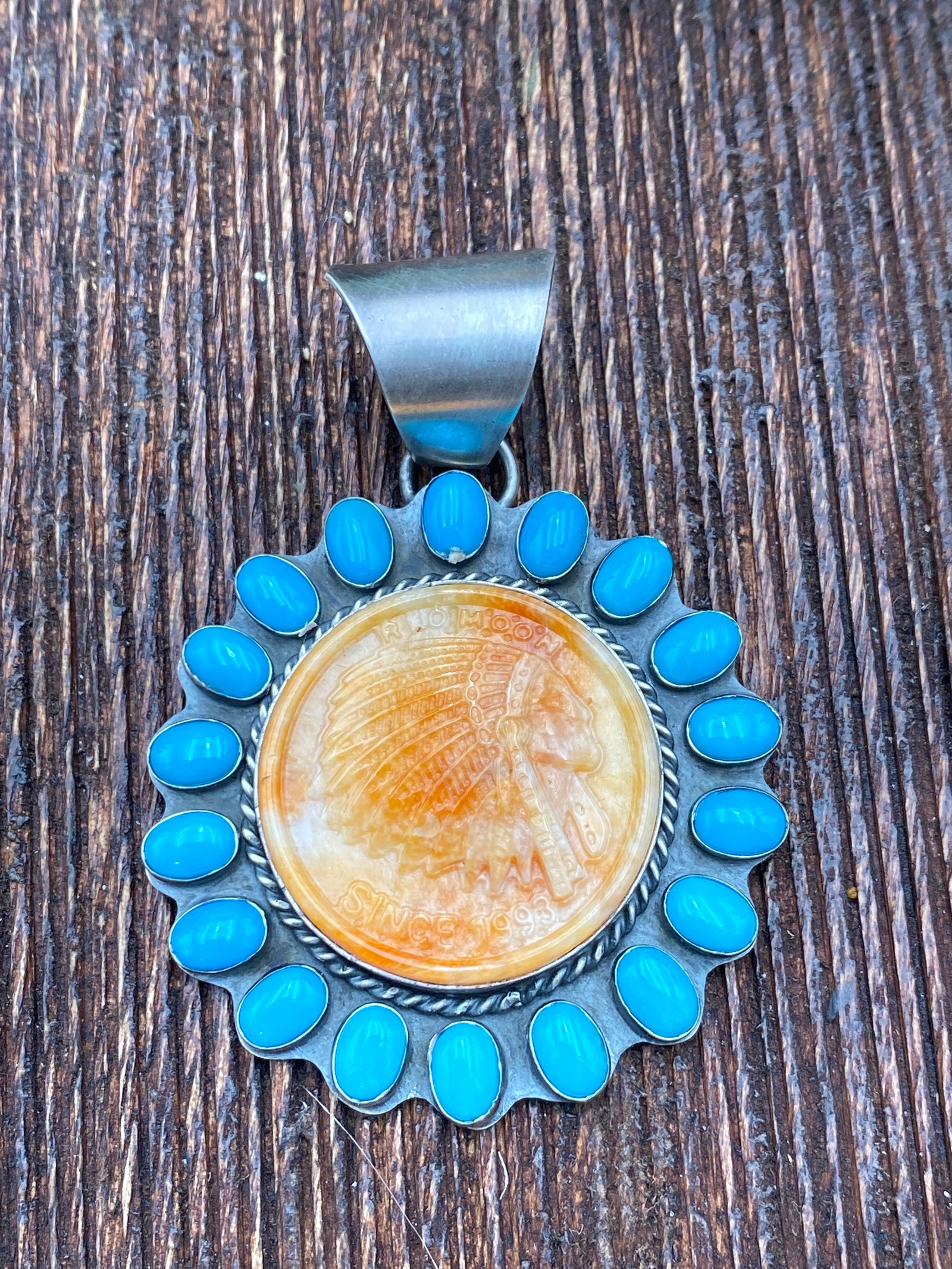 Hoverson Stamped Orange Spiny Chief Turquoise Surround Pendant Or Cuff
