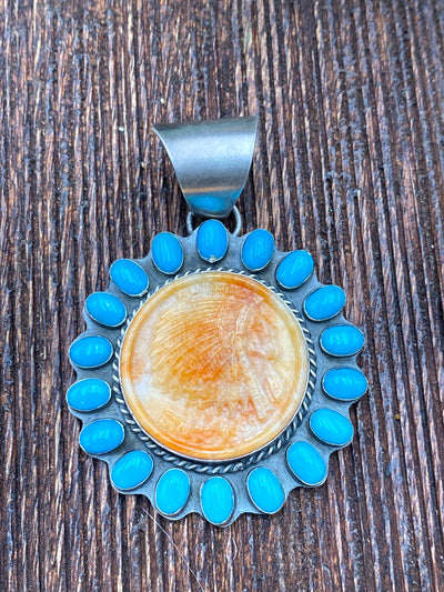 Hoverson Stamped Orange Spiny Chief Turquoise Surround Pendant Or Cuff