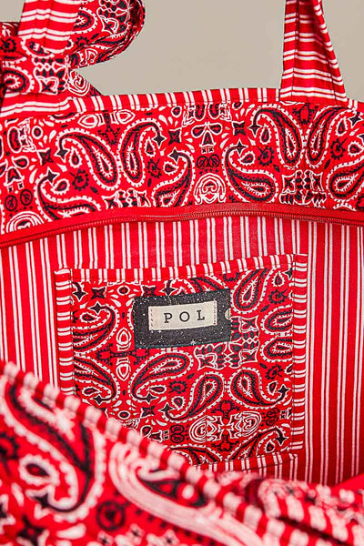 Quilted Bandana Paisley Striped Trim Oversized Tote Bag