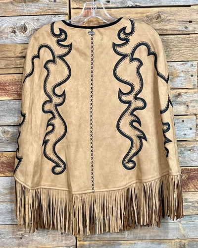 Henley Suede Boot Stitch Fringe Cape - Camel