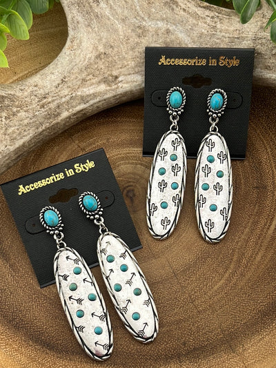 Vega Roped Stone Post Stamped Oval Drop Earrings - Turquoise