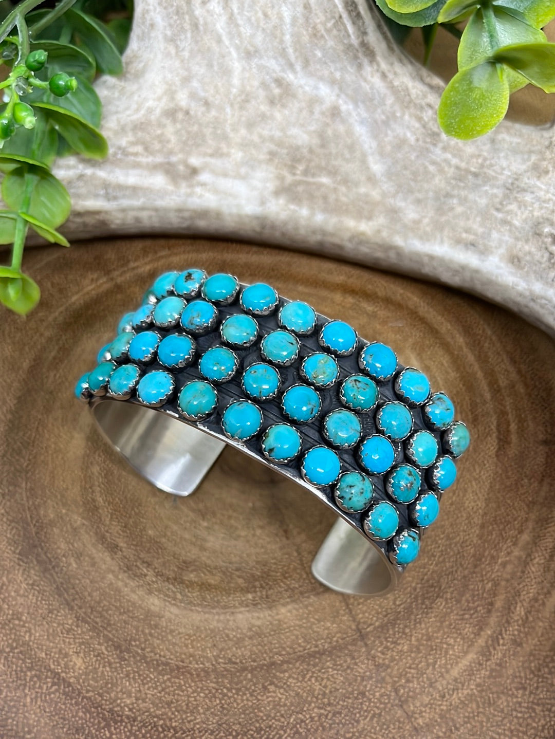 Show Stopping 11 Stone Stamped Sterling Cuff - Turquoise