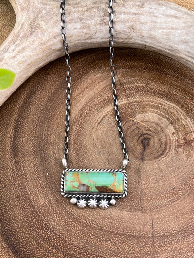 Armada Roped Sterling Kingman Turquoise Bar Necklace With Lower Bursts - 16"