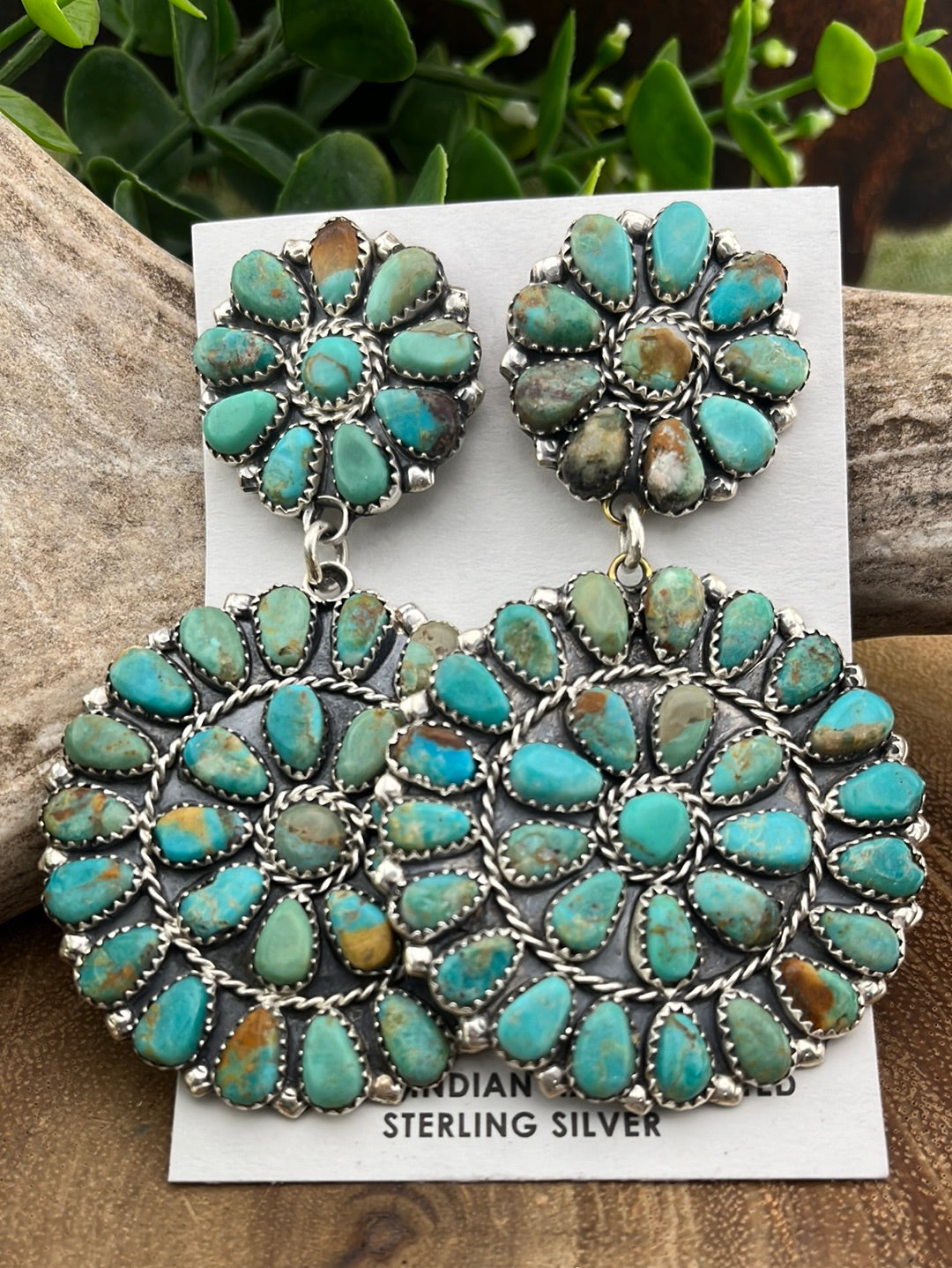 Sterling Silver Zuni Double Cluster Earrings - Green