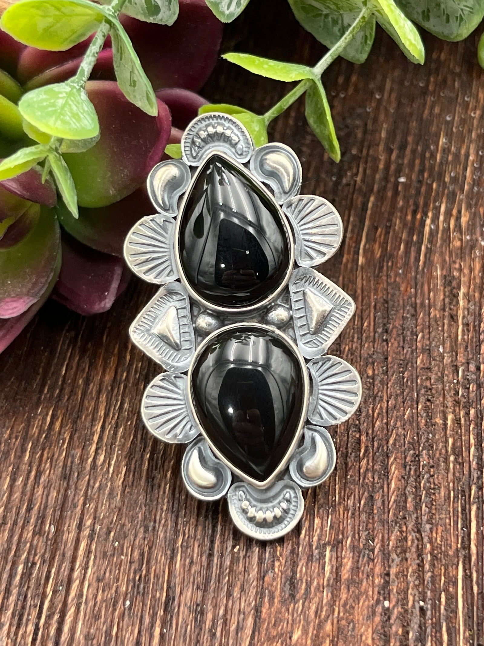 Opposing Teardrop Onyx Sterling Ring - Adjustable
