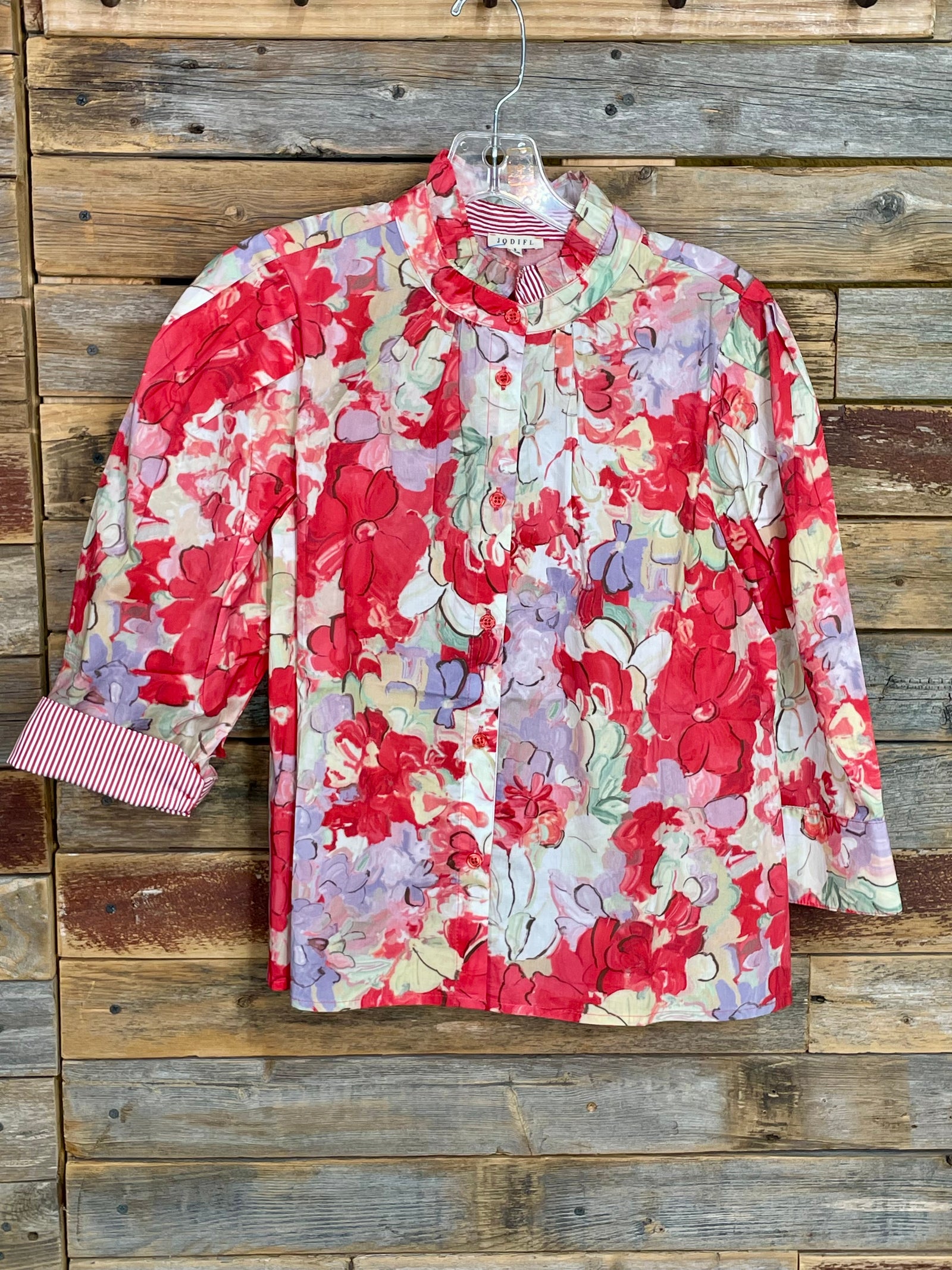 Kelly Red Floral Top With a Hint of Stripes