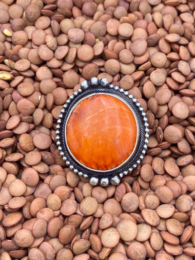 Arisha Round Orange Spiny Adjustable Sterling Ring