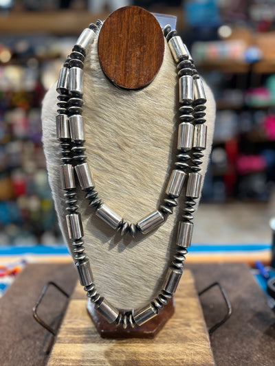 Naomi Stamped Sterling Silver Barrel Bead & Saucer Bead Necklace & Earring Set