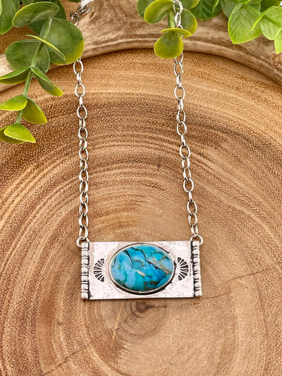 Clipster Fashion Necklace With Silver Bar Oval Stone Pendant