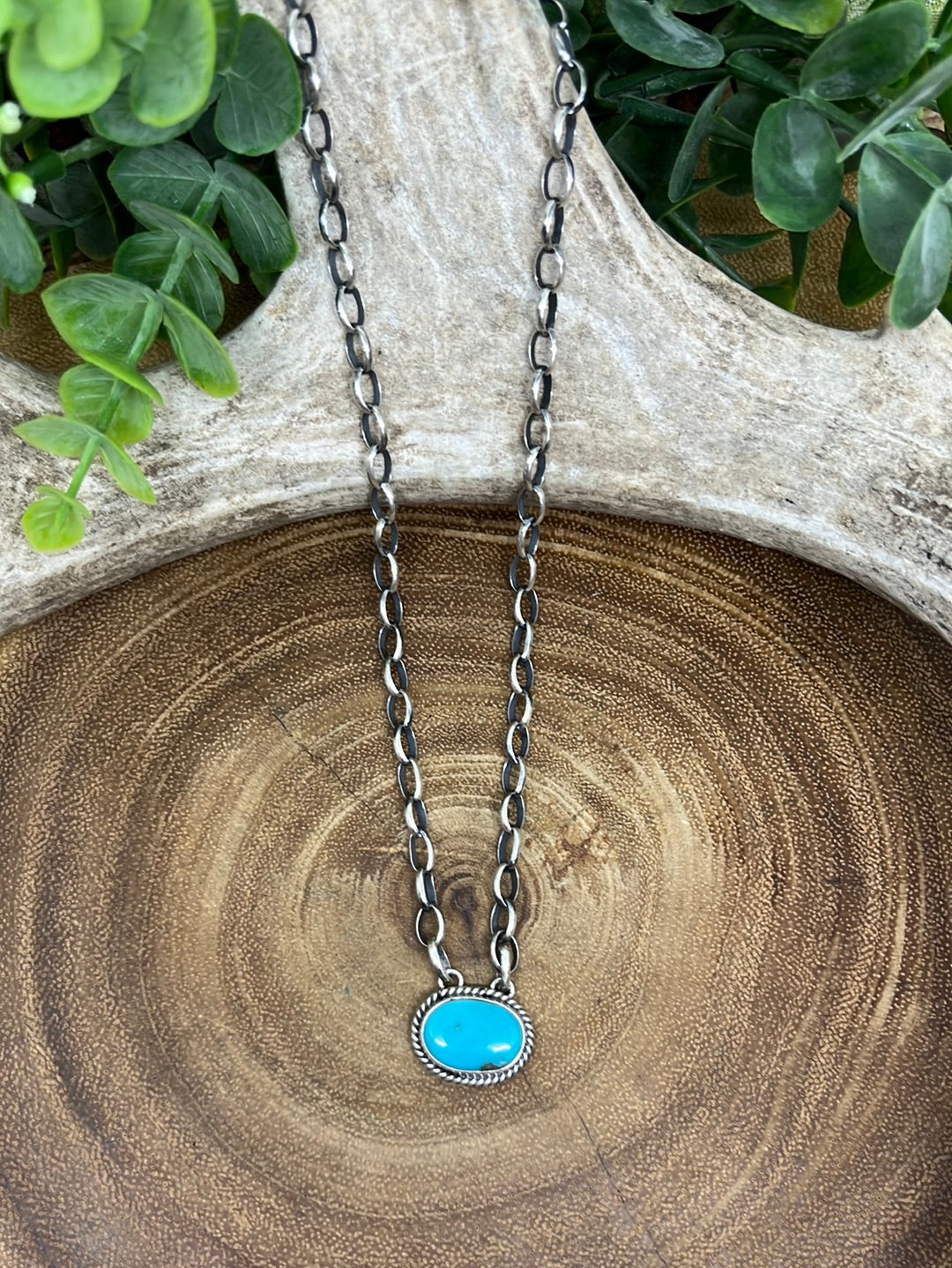 Exclusive Sterling Link Chain Necklace With Oval Roped Turquoise Pendant
