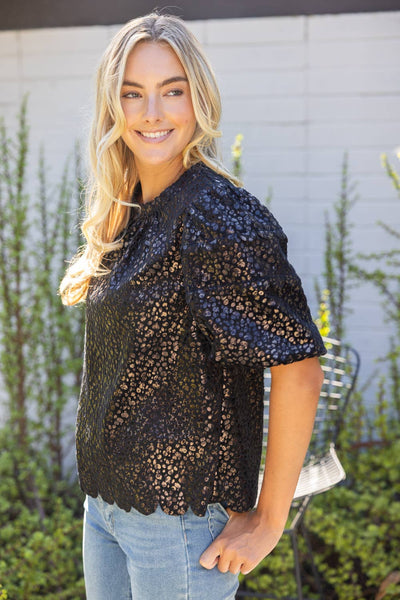 37384 Scalloped Hem Leopard Textured Top