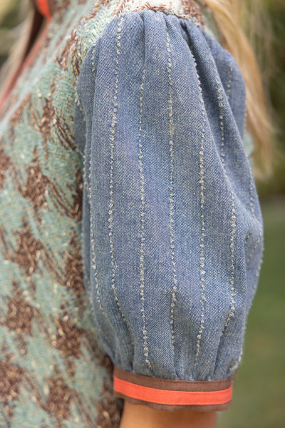Stripe Denim Sleeve Houndstooth Tweed Top