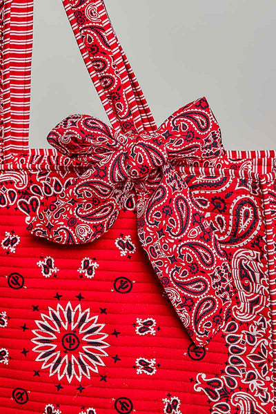 Quilted Bandana Paisley Striped Trim Oversized Tote Bag