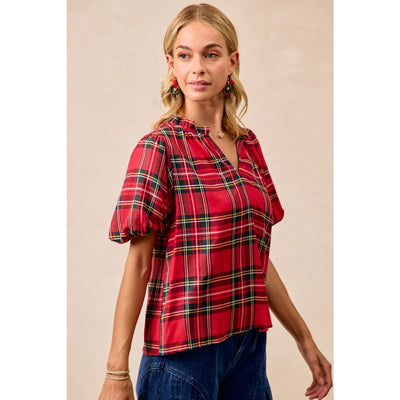 Tartan Plaid Puff Sleeve Blouse