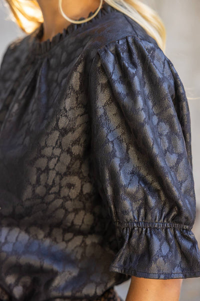 37319 Ruffled Puff Sleeve Animal Print Faux Leather Top