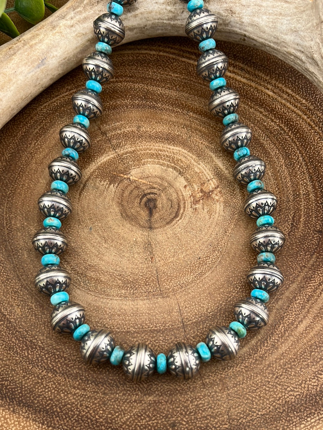 Gunnison Sterling 12mm Stamped Navajo Bead & Turquoise Necklace - 16"