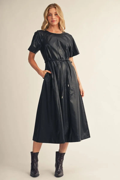 Black Faux Leather Midi Dress