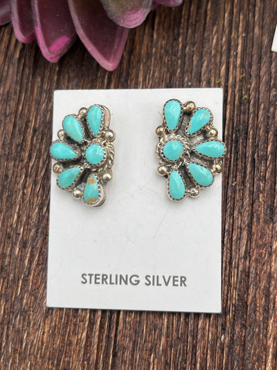 Shana Kingman Turquoise Round Center Half Circle Cluster Post Earrings - .9"