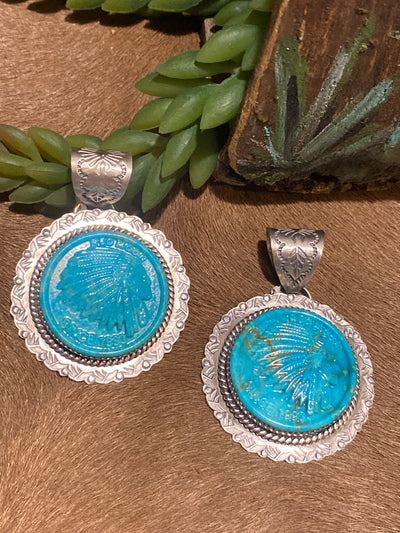 Sterling Framed Carved Turquoise Spiny Chief Pendant - 1.65