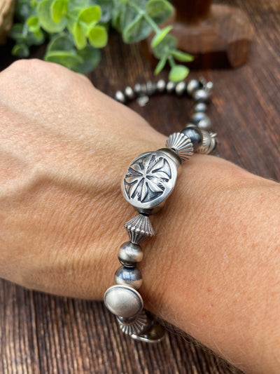 Aiken Stamped Shield & Decorative Bead Sterling Bracelet