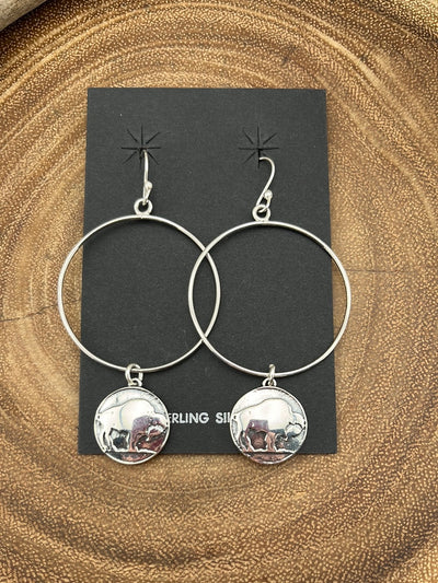 Colby Sterling Fish Hook Hoop With Buffalo Coin Earrings - 1.5"