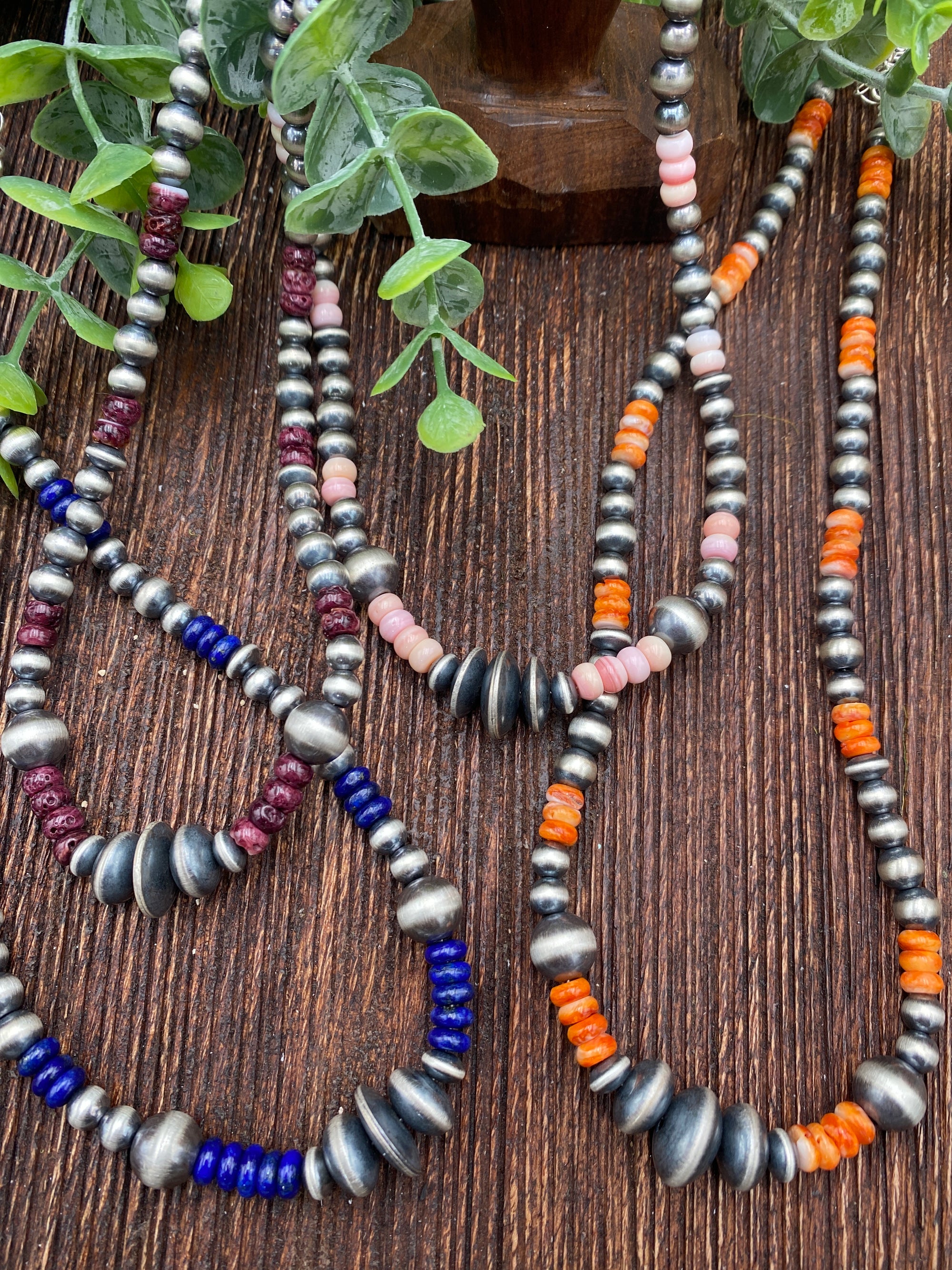 Liza Stone Bead Sterling Navajo Pearl & Center Saucers Necklace - 18"