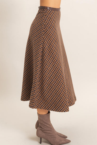 side view of dark brown checkered skirt