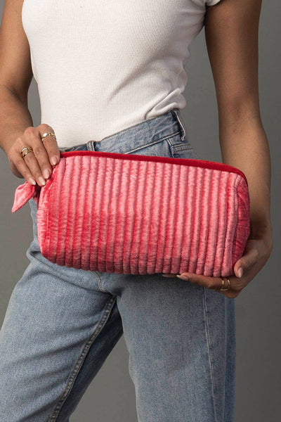 Pink & Red Velvet Ribbed Travel Pouch