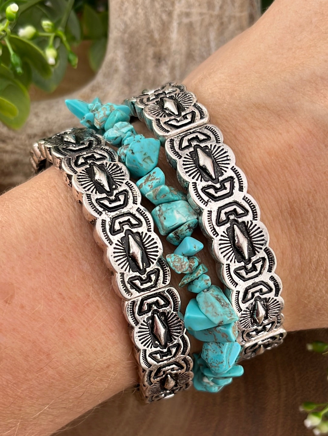 Stamped Silver & Tumbled Stone Set of 3 Stackable Stretch Bracelets - Turquoise