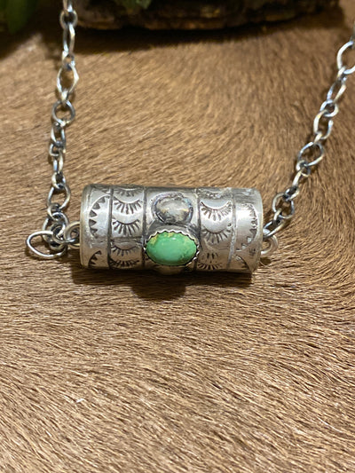 Baroch Sterling Necklace With Stamped Cylinder Bead & Stone - 18"