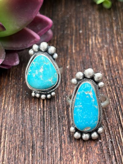 Henshaw Sterling Turquoise Ring With Upper & Lower Bead Detail